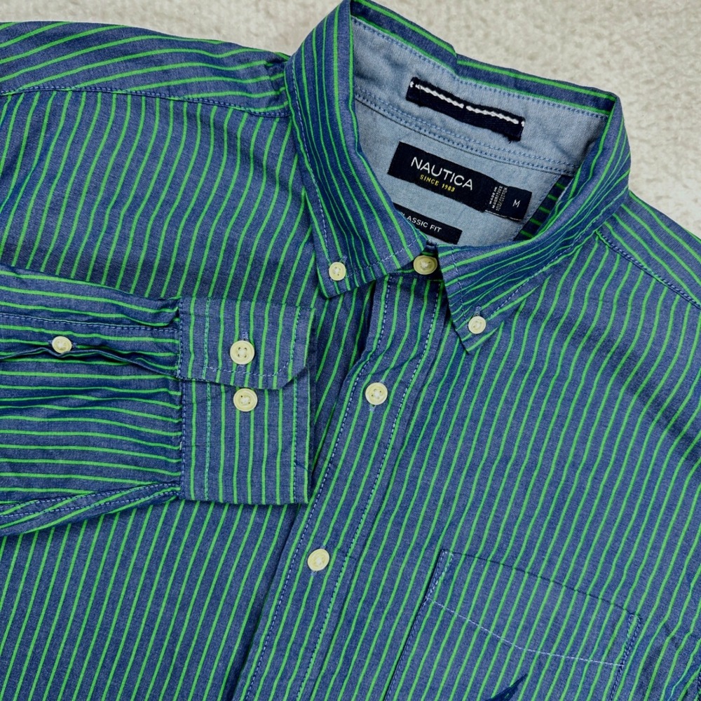 Nautica Button Down Shirt Mens Medium Blue Green Striped Classic Fit